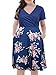 Nemidor Women's V-Neck Print Pattern Casual Work Stretchy Plus Size Swing Dress with Pocket NEM167 (143 Navy+Print, 18W)