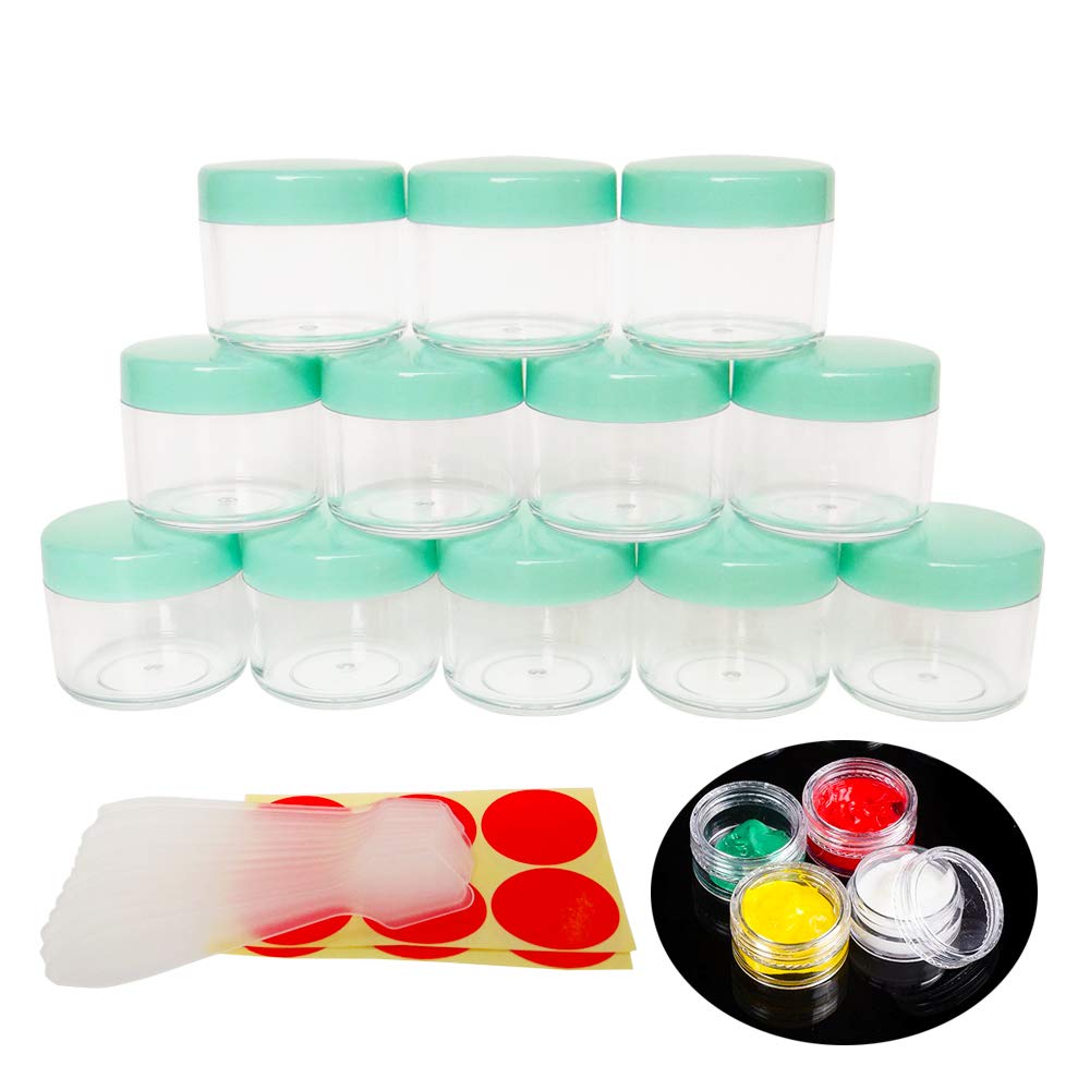 Wopanxye 12pack 20 Gram 20ml Jars, Small Cosmetic Sample Empty Container, Plastic Round Pot Green Screw Cap Lid, Tiny 20g Bottle for Makeup, Eye Shadow, Powder, Jewelry, Sunscreens, Creams, Lip Balms