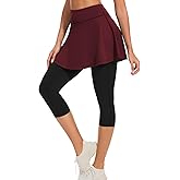 WOWENY Tennis Skirted Leggings for Women Athletic Skirt with Capri Leggings Golf Pickleball Yoga Legging with Skirts Pockets