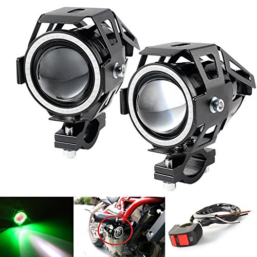 LEDUR LED U7 Motorcycle Headlight DRL Fog Driving Running Light Front Spotlight with Angel Eyes Light Ring Hi/Lo Strobe Flashing White Light(2PCS,Green Halo)
