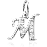 Adabele 1pc Real 925 Sterling Silver Letter M Charm Cubic Zirconia CZ Imitation Diamond Gemstone Dangle Name Initial Pendant Drop For Pandora Charm Bracelet DIY Craft Jewelry Making SSP-C13