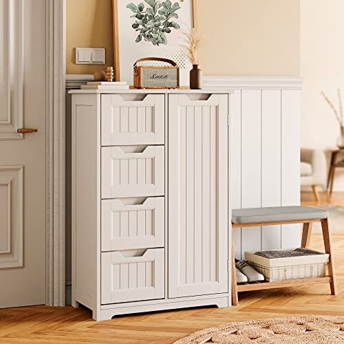 Gizoon Bathroom Floor Storage Cabinet with 4 Drawers, Freestanding Storage Organizer Cabinet with Door and Adjustable Shelves Wooden for Small Places in Kitchen Bathroom Entryway, White