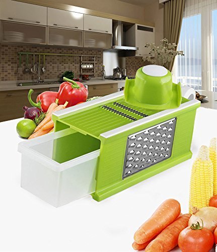 Linkcool Mandoline Slicer Kitchen Tools Set with Blades for Fruit and Cheese Cutter,Carrot Grater,Onion Chopper,Julienne Peeler with Safety Hat And Container(4 in 1 Green)