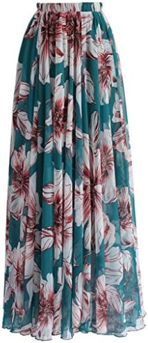 Annflat Women's Floral Printed Frill Chiffon Maxi Skirt XX-Large Green