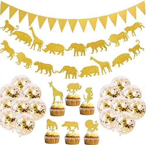 Jelacy Gold Jungle Safari Animal Banner- Gold Glitter Jungle Safari Animal Cupcake- Toppers Baby Shower Boys Girls Birthday Party Supplies Decorations, Zoo Themed Party Supplies Decorations