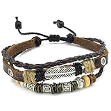 KONOV Mens Womens Leather Bracelet, Feather Charm 7-9 inch Adjustable Wrap Bangle, Brown Silver