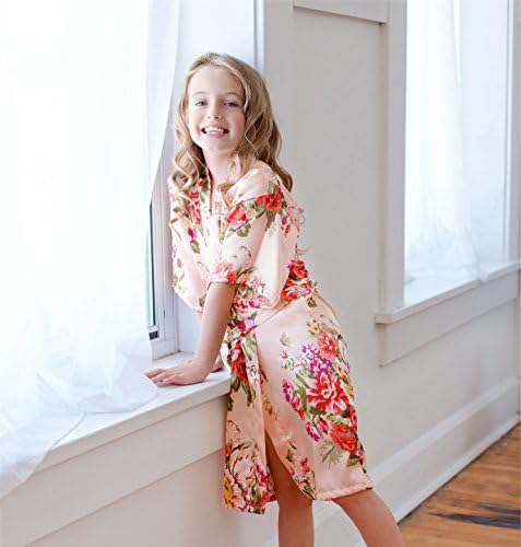 American Cuteness Silk Robes &amp; Gift Pouches - Floral Satin Kimono Robe, Bridesmaid Gift, Bachelorette Bridal Party Getting Ready, Wedding Favor (Flower Girl (2-5 Yo), Blush)