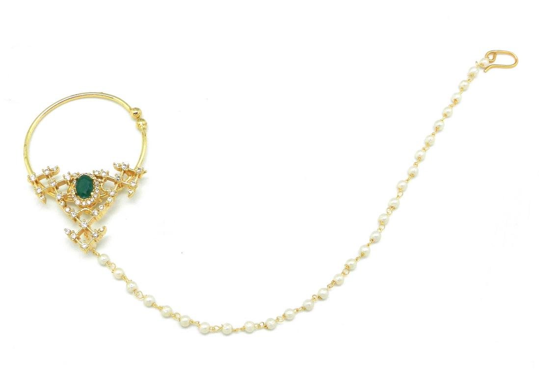 Radhesh Creation and Jewellery Green Rajasthani Brass Nose Ring Decorated with American Diamond for Women