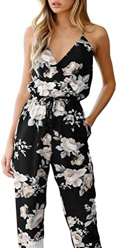 Taore Women Jumpsuit Romper Sleeveless V-Neck Floral Printed Party Playsuit Trousers (Medium(US6), S01-Black#)
