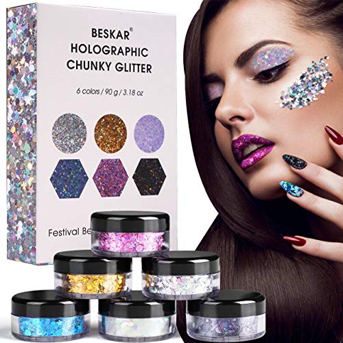 Holographic Chunky Glitter, Festival Glitter Makeup Glitter for Halloween, Body Nail Face Hair Eyeshadow Cosmetic Chunky Glitter, Mix of Fine Glitter plus Stars, Hexagons, Dot Shaped, 6 Colors, 90g