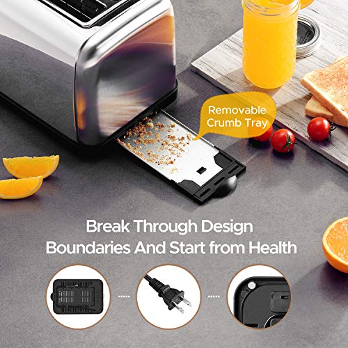 Toaster, HoLife 2 Slice Prime Rated Toasters [LCD Dispaly] Stainless Steel Bagel Toaster (6 Bread Settings, Bagel/Defrost/Reheat Function, 1.5" Wide Slots, Removable Crumb Tray, 900W, Silver) - Thumbnail 6