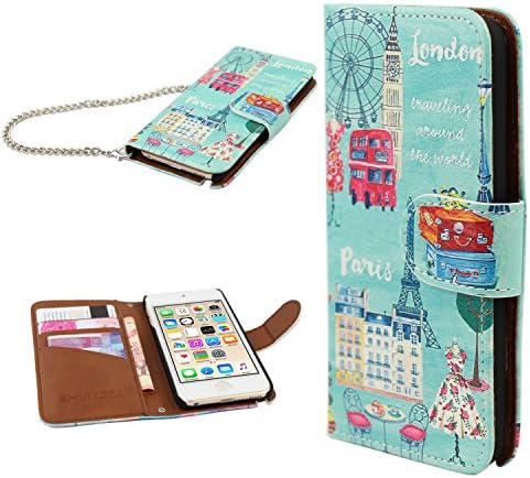 iPod touch 6 Case,iPod touch 5 Case ,SHUNJIA Stand Wallet Purse Credit Card ID Holders Magnetic Design Colorful Premium Leather Cover for iPod Touch 5 6 (Patterned Travel RD World)