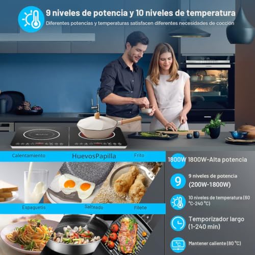 Aobosi Double Induction Hob, Induction Hobs, Independent Control, 10 Temperature Levels, 4 Hour Timer, 3500W, Safety Lock