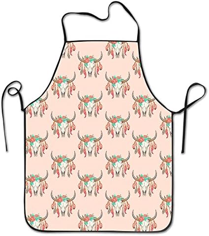 Boho Longhorn Cow Skull With Feathers And Flowers Bib Apron Adult Women Unisex Durable Comfortable Washable For Cooking Baking Kitchen Restaurant