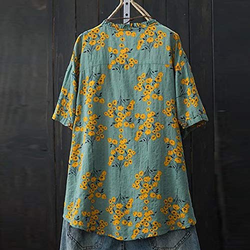 YEZIJIN Women Plus Size Print Pocket Bandage Casual Linen O-Neck Blouse T-Shirt Tops Blouse Tee Under 10 Dollars Green