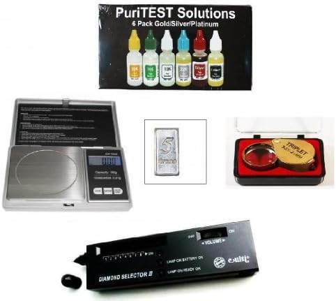 Pro Scrap Jewelry Organizer Kit-PuriTEST Box of Test Acids, Digital Diamond Tester, Electronic Jewelry Scale, Magnifying Glass, and Free Solid Silver Bar