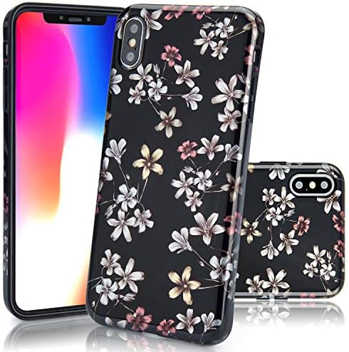 iPhone XS Max Case, EUNSOUL [Glossy Finish] Clear Thin Slim Fit Soft Flexible TPU Protective Bumper Cute Black Floral Flower Pattern Phone Case Cover for Apple iPhone XS Max (2018) - 6.5’’