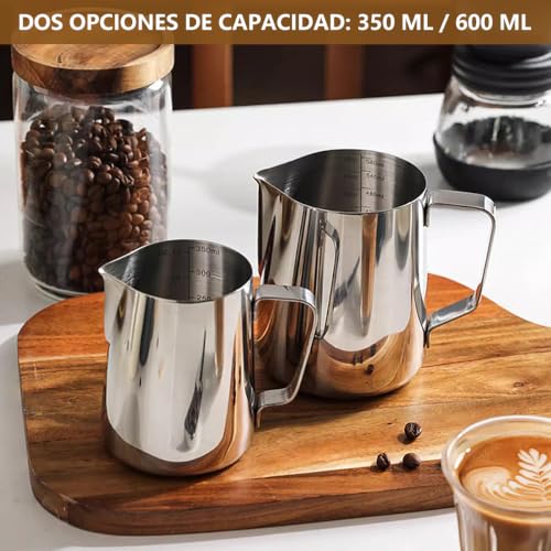 MXHIGO Jarra para Espumar Leche con Línea de Escala Interior y Latte Pen, 350ml/12oz Taza Jarra de Vapor Exprés de Acero Inoxidable, Perfecta para Cafetera Espresso, Barista, Latte, Capuchino, Café