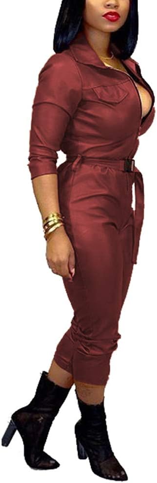 Sprifloral Sexy 1 Piece Outfits Pu Faux Leather Pants Zipper V Neck Long Sleeve Bodycon Jumpsuit Bodysuit