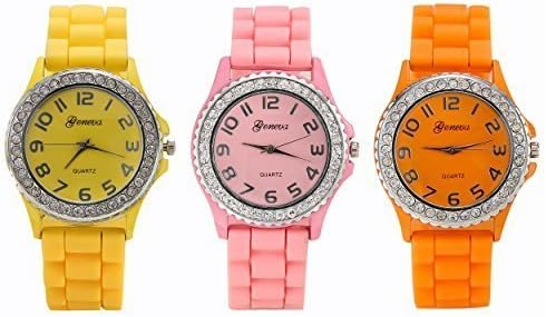 ALPS Watches 3 Pack Geneva Women's Fashion Crystal Jelly Silicone Wristwatches (Orange+Pink+Yellow)