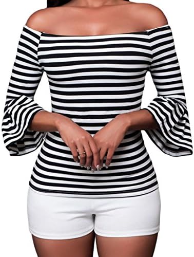 Women's Off Shoulder Tops Stretch Flared 3 4 Sleeve Striped T Shirt Blouse
