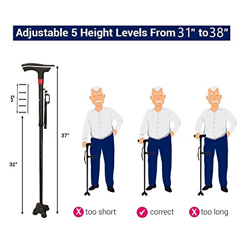 DTXDTech Walking Cane for Man Women Eldely With Led Light Alarm Model Fold Walking Cane With Nameplate Two Pivoting All-Terrain Base Walking sticks for Extra Stability Original Black - Thumbnail 6