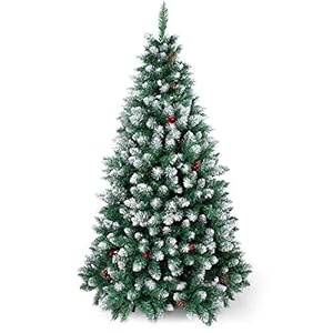 Sunjas Weihnachtsbaum künstlich, 120/150/180/210 cm Tannenbaum mit Schnee-Effekt, mit Tannenzapfen und rote Beere Deko…