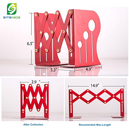 SatisInside Modern Reinforced Metal Retractable Bookends Book Racks (Red) - Thumbnail 3