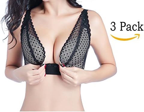 Orilife Women Lace VS Push up Nursing Bra with Fron Button, Black-3Pack-L