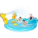 Sea Animal Inflatable Kids Pool with Slide and Sprinkler, Inflatable Play Center with Rings &amp; Animal Figures, 78"x59.5"x15.5" Kiddie Pool for Summer Outdoor Backyard