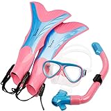 OXA Scuba Diving Snorkel Set including Dry Top Snorkel, 2-Windows Tempered Glass Mask and Trek Fins for Kids (Pink, L/XL)
