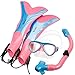 OXA Scuba Diving Snorkel Set including Dry Top Snorkel, 2-Windows Tempered Glass Mask and Trek Fins for Kids (Pink, L/XL)