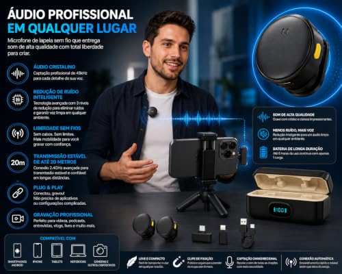 Microfone de Lapela Sem Fio com Estojo de Carregamento, 2 Microfones, USB-C e Lightning, Redução de Ruído ENC, Plug and Play, 20m de Alcance para iPhone, Android, Notebook, Tablet e Câmera