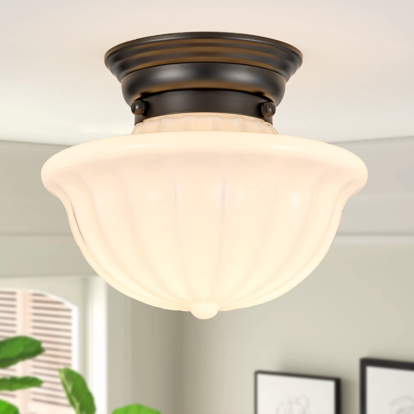 Photo 1 of youngrender Black Schoolhouse Light Fixture Ceiling, 9 Inch Hallway Semi Flush Mount Ceiling Lighting, White Milk Glass Ceiling Lights Mid Century for Bedroom, Kitchen, Entryway