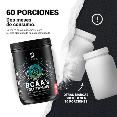 BCAAs con Glutamina en polvo con 60 Porciones. Leucina, Isoleucina, Valina, Glutamina y Agua de Coco. BCAAs + Glutamine Sabor FRUIT PUNCH 558 Gramos B Life.