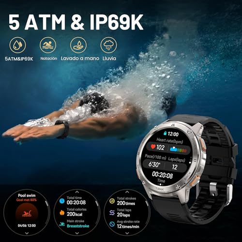 KOSPET Reloj Inteligente Hombre, 1.43" AMOLED HD Display, 5ATM Impermeable, Smartwatch con Llamadas Bluetooth y Whatsapp Notificación, Cuerpo Metálico de Acero Inoxidable (Android/iOS)