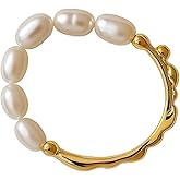 LiteVibe Gold Pearl Ring for Women - Adjustable 14k Gold Cute Engagement Ring Dainty Pearl Finger Ring