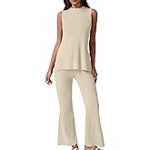 QINSEN Lounge Sets for Women Two Piece Outfits Knit Sleeveless Vented Hemline Tops Wide Leg Pants Sweater Sets