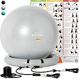 Exercise Ball Chair - 55cm / 65cm / 75cm Yoga Fitness Pilates Ball & Stability Base for Home Gym & Office - Resistance Bands, Workout Poster & Pump. Improve Balance, Core Strength & Posture