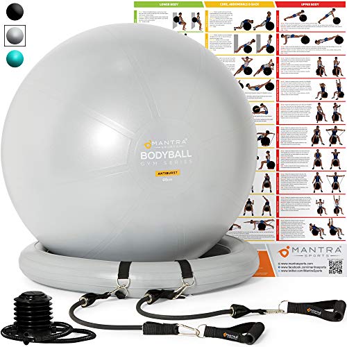 Exercise Ball Chair - 55cm / 65cm / 75cm Yoga Fitness Pilates Ball & Stability Base for Home Gym & Office - Resistance Bands, Workout Poster & Pump. Improve Balance, Core Strength & Posture