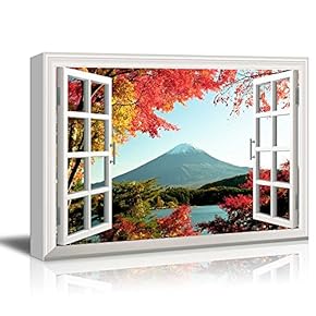 Canvas Wall Art - Window Peering into Vibrant Red Trees Over Looking a Mountain - Giclee Print Gallery Wrap Modern Home Art Ready to Hang - 12x18 inches