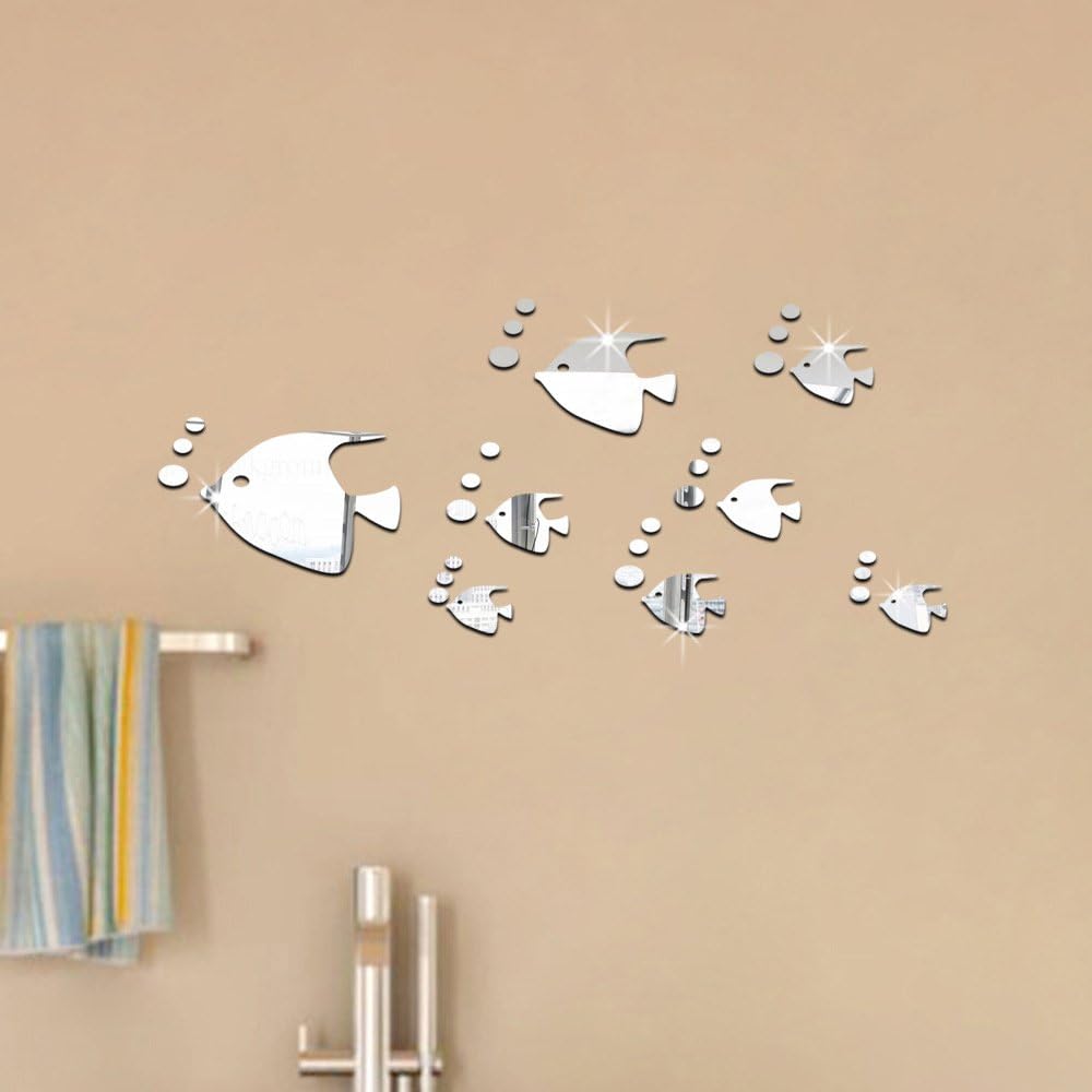 ufengke® 8-pcs 3D Tropical Fish Mirror Effect Wall Stickers Fashion Design Art Decals Home Decoration Silver
