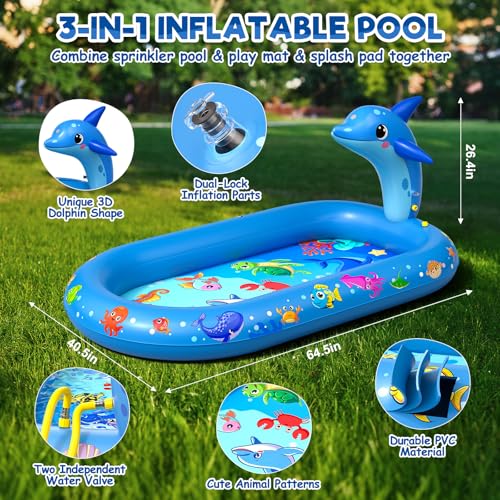 Inflatable Paddling Pool for Kids, Splash Pad for Kids, 3 in 1 Dolphin Pattern Kids Pool Inflatables, Thickened Material with Water Pipe, Backyard Summer Water Toys for Boys and Girls Age 1+