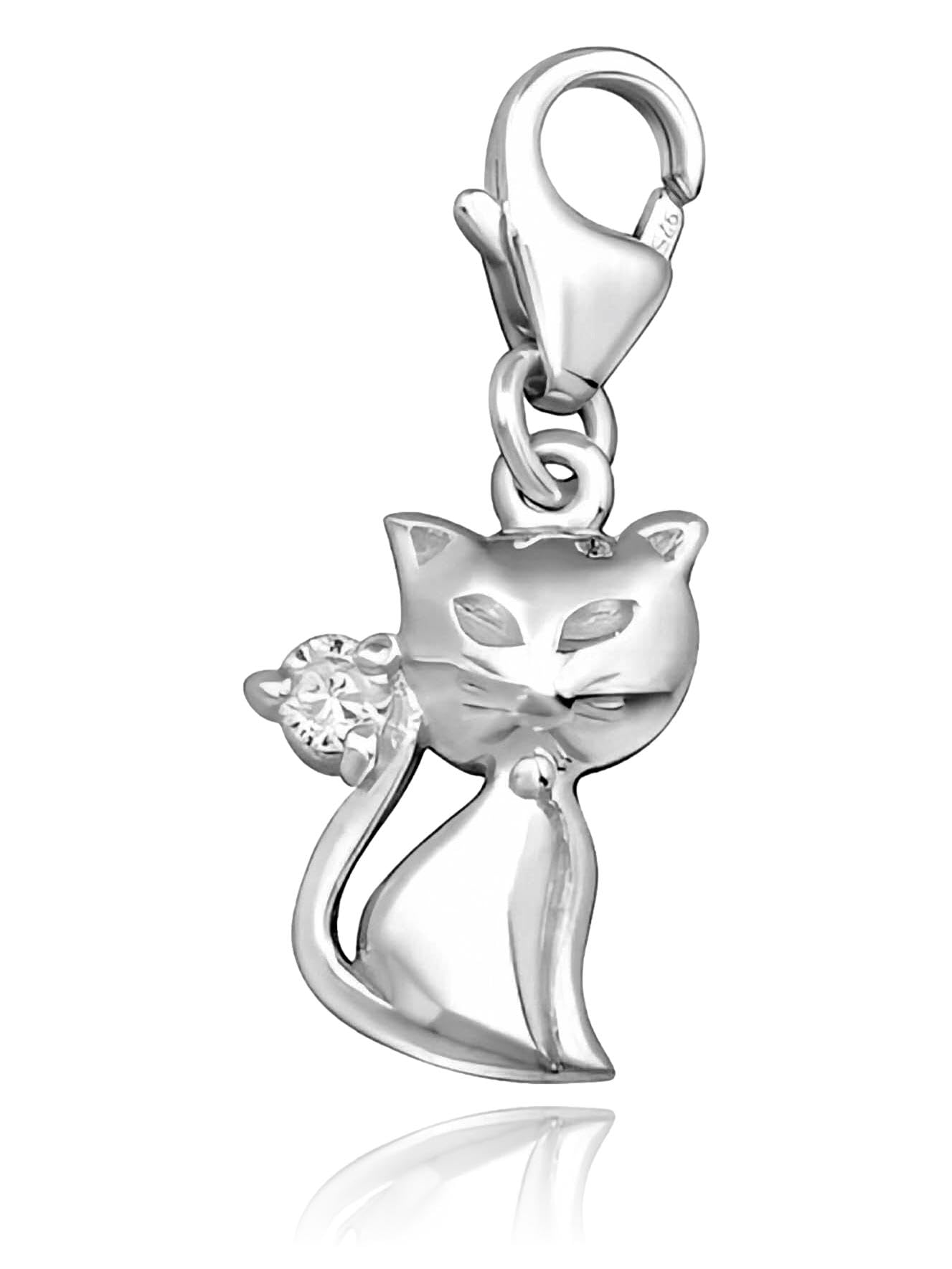 Sparkly Cubic Zirconia CZ Kitty CAT Sterling Silver Clip On Charm Pendant with Lobster Clasp for Women - Compatible with Thomas Sabo Charms Bracelet - Women's Clasp Charms