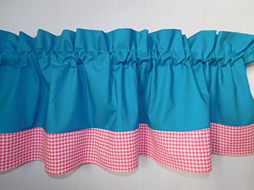 Solid Turquoise hounds-tooth hot pink and white, valance. Kids Window treatment decor, laundry room , Baby , school centers.