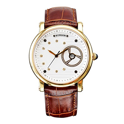 BINLUN Mens 18k Gold Watches Waterproof Mechanical Watch Men Large Face Brown Leather Strap