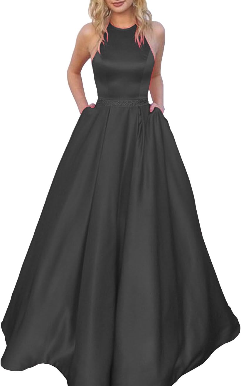 Women's Halter A-line Beaded Satin Evening Prom Dress Long Formal Gown with Pockets