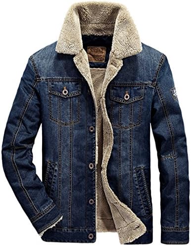 Threelove Men's Thick Warm Jeans Coat Fleece Lined Denim Jacket Navy S