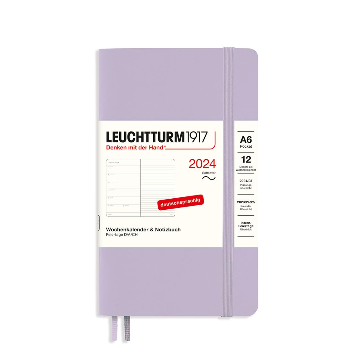 LEUCHTTURM1917 367791 Weekly Calendar & Notebook Pocket (A6) 2024, Soft Cover, Lilac, German, 12 Months