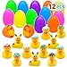 JOYIN 12 Pcs Filled Easter Eggs with Rubber Duck and Rabbit Duckies, Bright Colorful Prefilled Easter Eggs for Kids Fun Bath Toys, Basket Stuffers and Party Favors